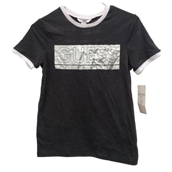 Guess Kids T-Shirt Girls Medium Black Spellout Logo Short Sleeve Casual NWT - Picture 1 of 10